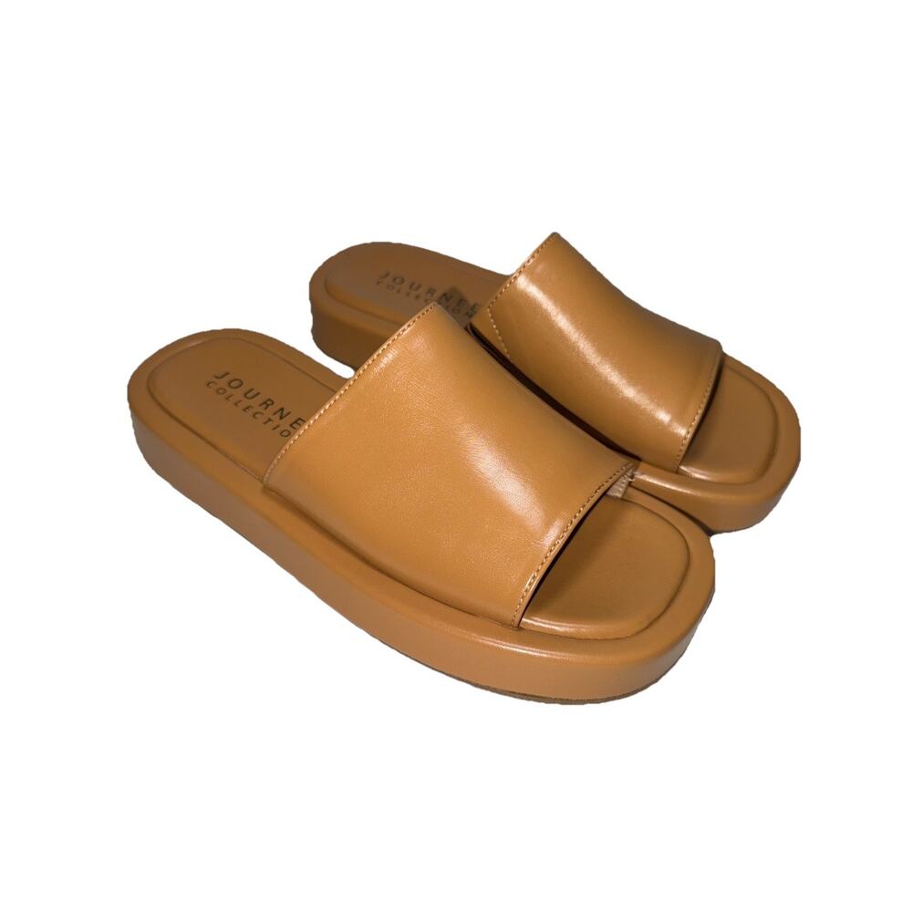 Journee Collection Women 7 Platform Slide Sandals Chunky Heel Tan Brown NEW